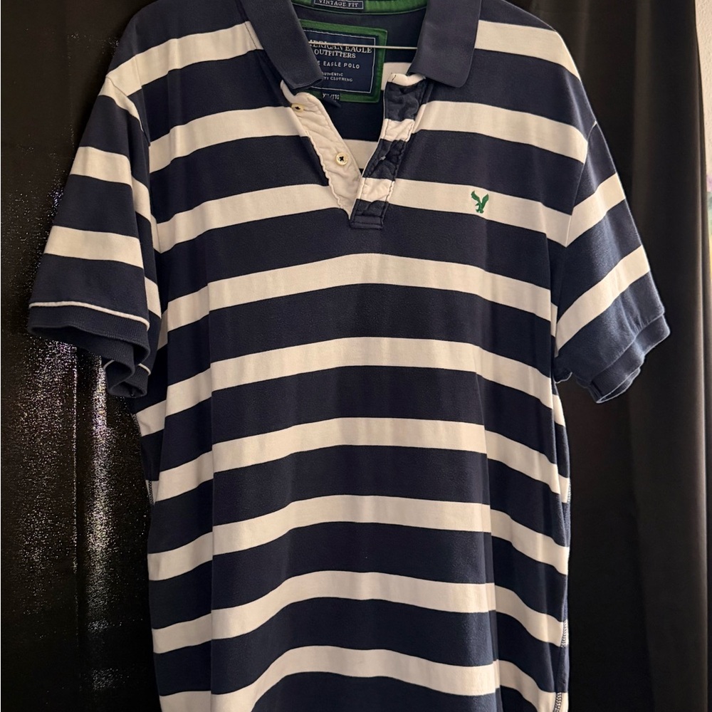 American Eagle Outfitters Navy & White Striped Polo with Green Eagle